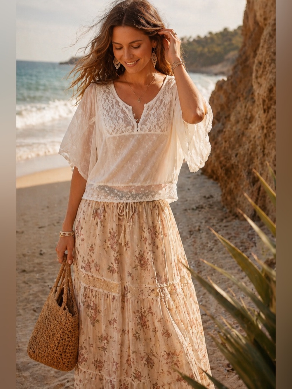 Free People Ivory Lace Dolman Sleeve Top